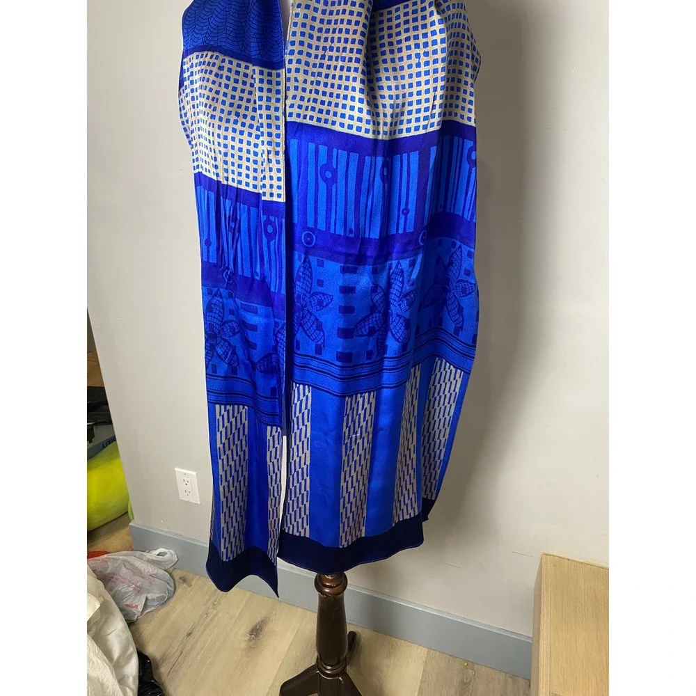 Vintage Blue Silk Scarf Geometric Floral Pattern Rectangular Wrap Shawl